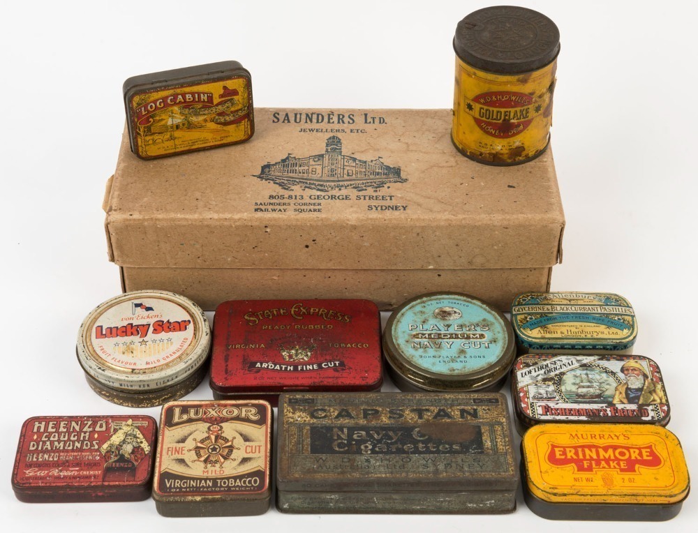 TINS, group of twelve examples, mainly tobacco, 19th and 20th century ...