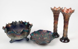 CARNIVAL GLASS bowl, dish and pair of vases, early to mid 20th century, the vases 27cm high