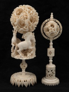 Two vintage Chinese carved ivory puzzle ball ornaments, early to mid 20th century, 21cm and 19cm high