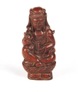 Chinese carved cornelian Guan Ying seated figure. Height 7cm