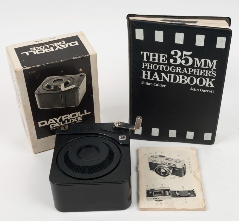 LPL Dayroll Deluxe bulk 35mm film loader in as new condition in maker's box with metal winder, together with instruction booklet for 1977 Ricoh 35 ZF camera and 1979 '35mm Photographer's Handbook' by Julian Calder & John Garrett.