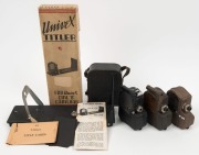 UNIVERSAL CAMERA: Four c. 1930s Univex products - one black Univex A8 ciné camera in leather case, one grey Univex C8 ciné camera, one bronze Univex True View ciné camera, and one Univex Titler accessory in maker's box. (4 items)