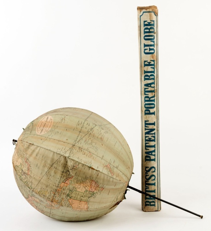 BETTS'S PATENT PORTABLE GLOBE BY GEORGE PHILLIP & SON OF LONDON, CIRCA 1905, WITH ORIGINAL CARD TRANSPORT PACKAGING OF ISSUE