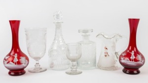 Antique and vintage glass decanters, Mary Gregory ware, celery vase, and Georgian glass rummer, (7 items), ​​​​​​​the largest 28cm high