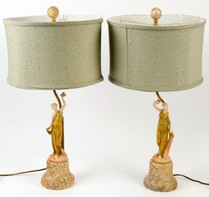 Two table lamps with shades, made from Royal Worcester porcelain statues, ​​​​​​​68cm high overall