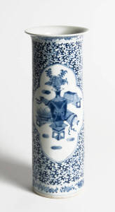 A Chinese blue and white sleeve vase, 19th century, Kangxi mark to base, 30cm high
