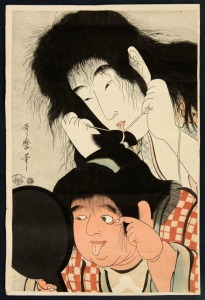 Five unframed Japanese woodblock prints, the largest 36 x 54cm