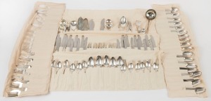 An impressive antique German silver cutlery set for 12 places with a comprehensive selection of serving utensils, made by BRUCHMAN, early 20th century, (157 pieces), 5900+ gram silver weight (not including pieces with filled handles)