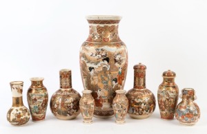 SATSUMA group of nine assorted Japanese vases, Meiji period, 20th century, the largest 41cm