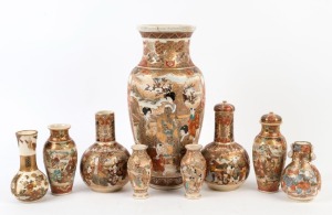 SATSUMA group of nine assorted Japanese vases, Meiji period, 20th century, ​​​​​​​the largest 41cm