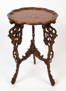 A French marquetry topped side table with carved base, 20th century, 78cm high, 55cm across