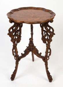 A French marquetry topped side table with carved base, 20th century, ​​​​​​​78cm high, 55cm across