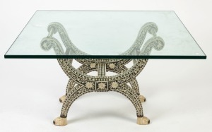An Indian bone inlaid stool, converted to coffee table with glass top, 65cm high, 90cm wide, 90cm deep.