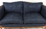 A&nbsp;four seater sofa in the French antique style, patinated beech frame and royal blue fabric with scroll arms and cabriole legs, 79cm high, 184cm wide, 92cm deep - 3