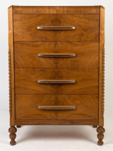 An Art Deco style walnut veneered chest of four drawers with split barley twist column decoration and turned feet, circa 1950, 115cm high, 77cm wide, 47cm deep