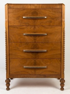 An Art Deco style walnut veneered chest of four drawers with split barley twist column decoration and turned feet, circa 1950, ​​​​​​​115cm high, 77cm wide, 47cm deep