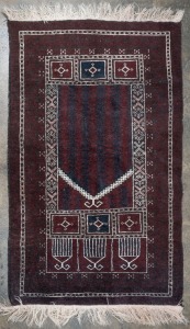 Persian hand-knotted burgundy and blue prayer rug,  160 x 90cm.