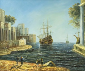 After CLAUDE GELLEE, (port scene) oil on canvas, signed lower right (illegible). 49.5 x 59.5cm, 77 x 87cm overall