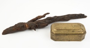 An antique bronze casket with engraved decoration, together with a carved wooden stick sculpture, (2 items), the casket 24cm wide