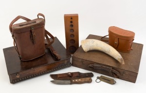 Artist's case, partially fitted canteen, two leather binocular cases (empty), cow horn, and balance scales etc