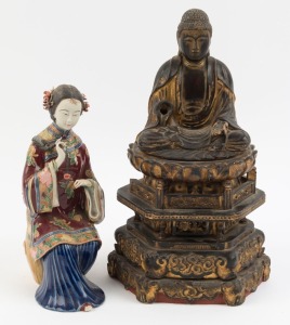 An antique Japanese carved wood and lacquered Buddha shrine statue, Meiji period, 19th century; together with a Chinese pottery statue of a seated lady, 20th century, (2 items), ​​​​​​​34cm and 25cm high