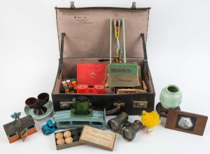 DINKY TOYS "Delivery Service" truck, antique field glasses, Magic Lantern coloured slide with animating lever, view masters, etc, all housed in a vintage leather case