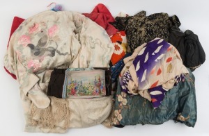 Assorted antique and vintage Japanese silk kimonos and garments, Chinese silk shoes, silk cloth, robe etc, 19th and 20th century, (13 items)