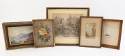 Five assorted framed pictures, ​​​​​​​the largest 34 x 38cm overall