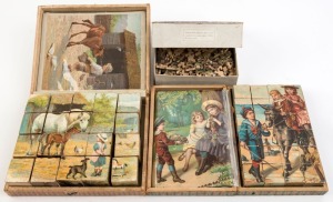 Three assorted boxed antique and vintage jigsaws and puzzle block sets, in original colour lithographed boxes, 19th and 20th century, (3 items), the largest box 27cm wide