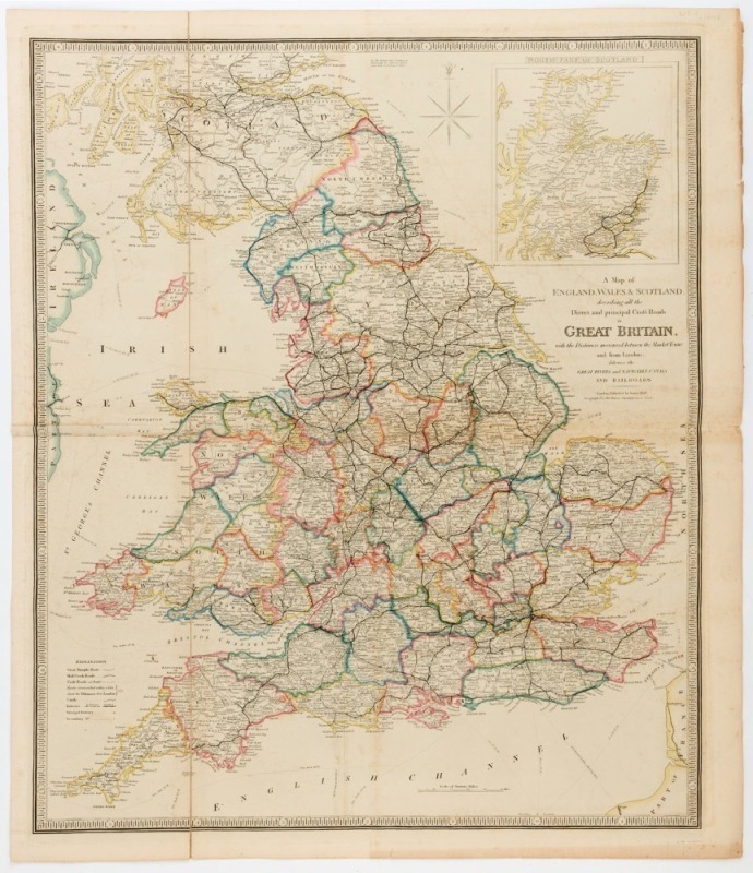 JAMES WYLD (1812 - 1887), A Map of England, Wales, & Scotland, describing all the Direct and principal Cross Roads in Great Britain, with Distances measured between the Market Towns and from London, [Charing Cross East, 1855], copper plate engraving with