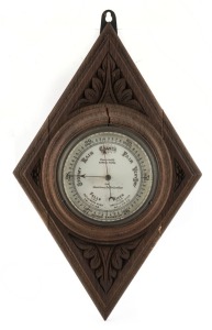 Antique aneroid wall barometer mounted on a diamond shaped carved oak board, with inscription on the dial "PRESENTED BY SAMUEL YATES FOR EXCELLENCY IN HORTICULTURE" 19th century, ​​​​​​​44cm high