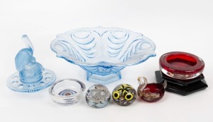 Glass float bowl A/F, two glass paperweights, Murano ruby glass swan dish and bowl, and a millefiore bowl, 20th century, (6 items), the largest 26cm high