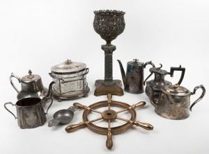 Antique silver plated tea ware, biscuit barrel, oil lamp base, brass ships wheel etc, 19th and 20th century, (9 items), the lamp base 42cm high.