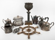 Antique silver plated tea ware, biscuit barrel, oil lamp base, brass ships wheel etc, 19th and 20th century, (9 items), ​​​​​​​the lamp base 42cm high.&nbsp;
