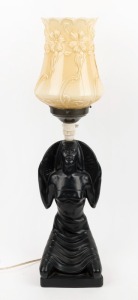 BARSONY style vintage black painted ceramic figural lamp with unassociated glass shade, 70cm overall