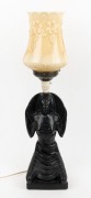 BARSONY style vintage black painted ceramic figural lamp with unassociated glass shade, 70cm overall