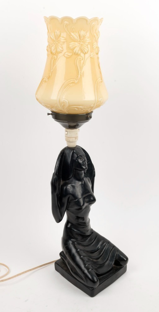 BARSONY style vintage black painted ceramic figural lamp with unassociated glass shade, 70cm overall