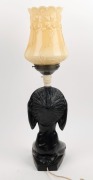 BARSONY style vintage black painted ceramic figural lamp with unassociated glass shade, 70cm overall - 3