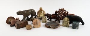 Assorted ornaments, carved stone, horn and wood, 20th century, (15 items), the largest 29cm wide