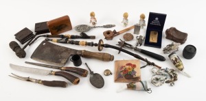 Antique pipes, ornaments, meat cleaver, carving utensils, etc, 19th and 20th century, (qty)