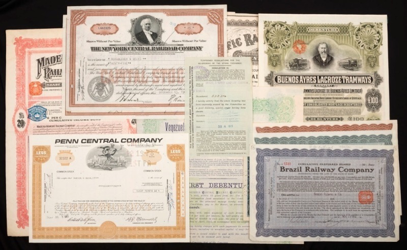 RAILROADS: An attractive collection of Railway and Tramway Company share and debenture documents; mostly with ornate engravings and also mostly with English revenue impressed duty stamps. Noted "The Mexican Pacific Railway Ltd." (1889); "Brazil Railway Co