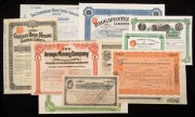 MINING & PETROLEUM: An attractive collection of Railway and Petroleum Company share and debenture documents; mostly with ornate engravings and also mostly with English revenue impressed duty stamps. Noted "Sociedad Anonima Minas de Alcaracejos" (1898); "T