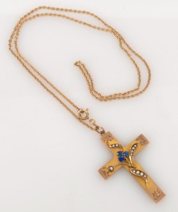 An antique Australian 9ct yellow gold cross pendant, set with seed pearls and blue stones, on 9ct gold chain, 19th century, the pendant 4.5cm high, 8 grams total