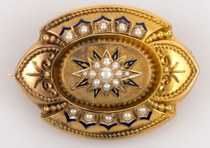 An antique yellow gold brooch with blue enamel decoration, set with seed pearls, mounted with mourning window on reverse, 19th century, 4.6cm wide, 16.9 grams total