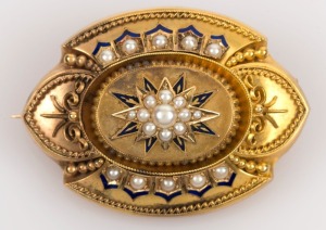 An antique yellow gold brooch with blue enamel decoration, set with seed pearls, mounted with mourning window on reverse, 19th century, ​​​​​​​4.6cm wide, 16.9 grams total