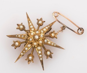 LAMBORN & WAGNER antique Australian 15ct gold star brooch, set wit seed pearls, 19th century, stamped "15" flanked by pictorial marks, 3.5cm wide, 5.9 grams