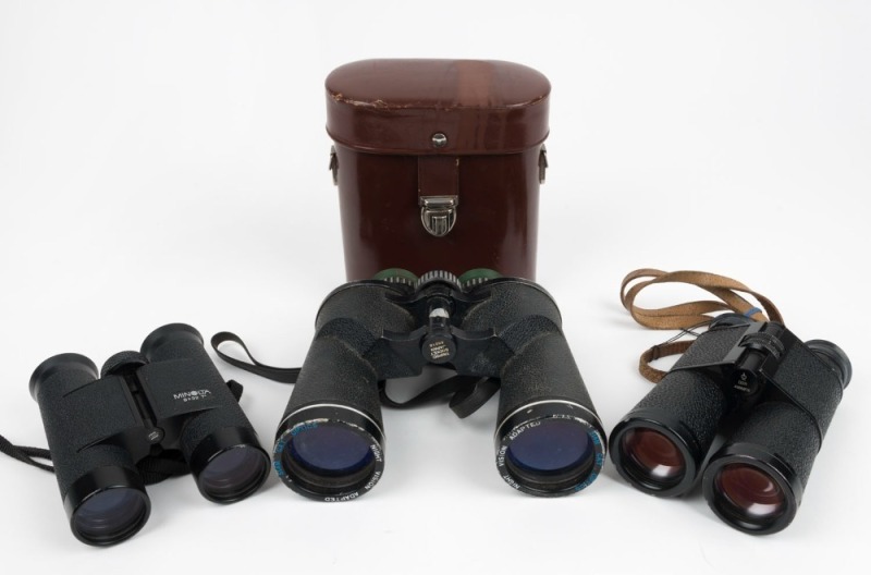 BINOCULARS: MINOLTA 8 x 32; CARL ZEISS Jena DDR (4986878), and "Siam Cat Optics" 10 x 50, (3 items)