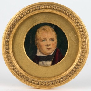 H. BONE (British), Walter Scott When Young, oil on card, signed lower right "H. Bone", ​​​​​​​signed and titled verso, 6cm diameter, 11cm diameter overall