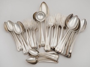 Georgian sterling silver cutlery with engraved armorial crests, comprising of 12 dinner forks, 12 entree forks, 12 tablespoons, 12 dessert spoons, 12 teaspoons, a basting spoon, and four sauce ladles, by William Eley, William Fearn & William Chawner of London, circa 1808, (65 pieces), the basting spoon 29.5cm long, 3140 grams total