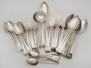 Georgian sterling silver cutlery with engraved armorial crests, comprising of 12 dinner forks, 12 entree forks, 12 tablespoons, 12 dessert spoons, 12 teaspoons, a basting spoon, and four sauce ladles, by William Eley, William Fearn & William Chawner&nbsp;of Lo